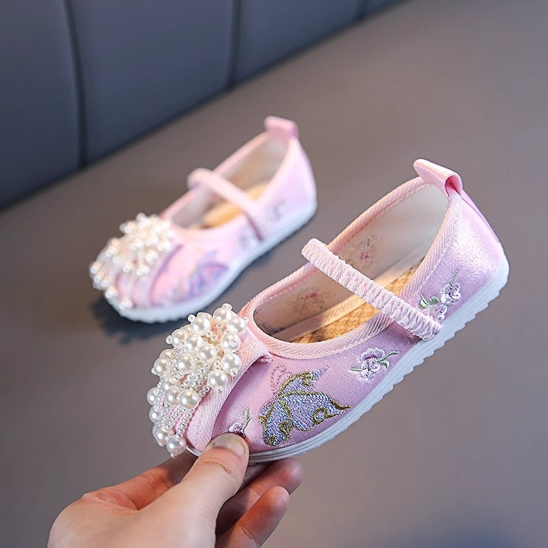 Pantofi pentru fete cu mărgele de jad și broderie, stil etnic, inspirați de îmbrăcăminte tradițională chinezească, pantofi din țesătură pentru reprezentații
