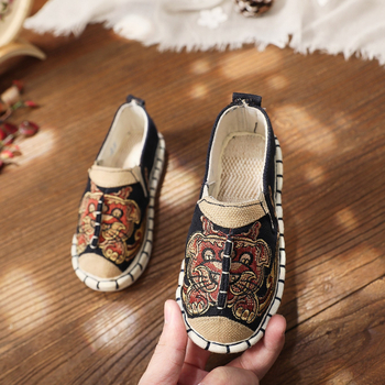 Pantofi de copii cu broderie în stil etnic, slip-on, din bumbac, respirabili, model desen animat