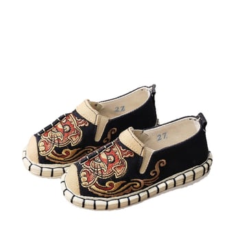 Pantofi de copii cu broderie în stil etnic, slip-on, din bumbac, respirabili, model desen animat