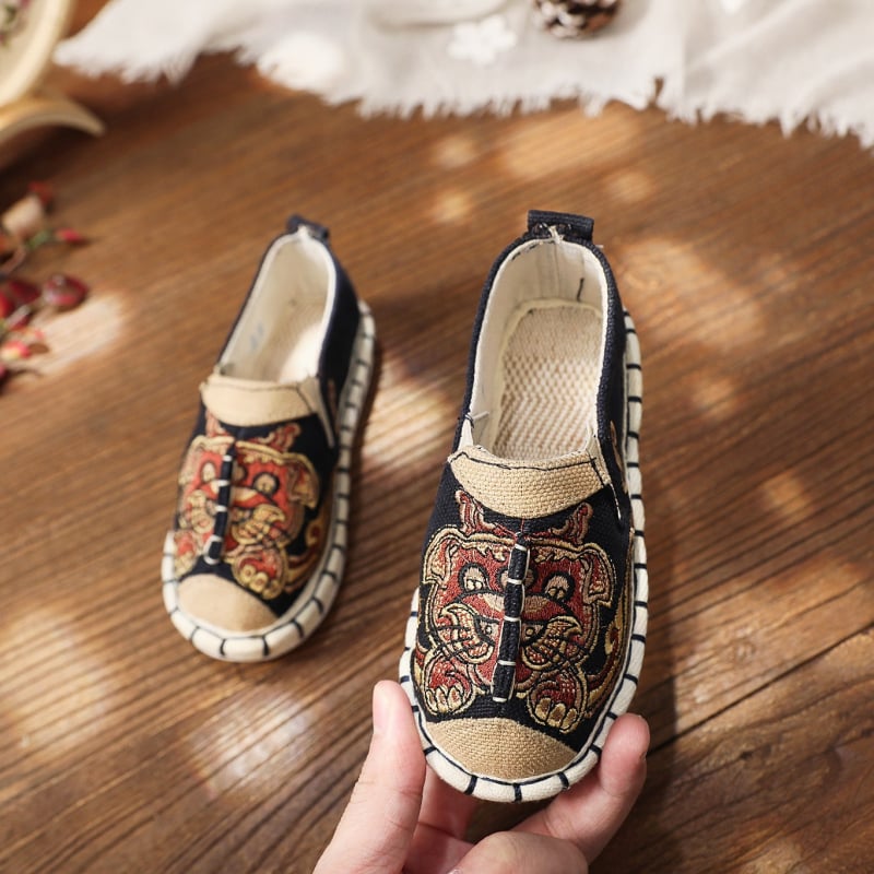 Pantofi de copii cu broderie în stil etnic, slip-on, din bumbac, respirabili, model desen animat