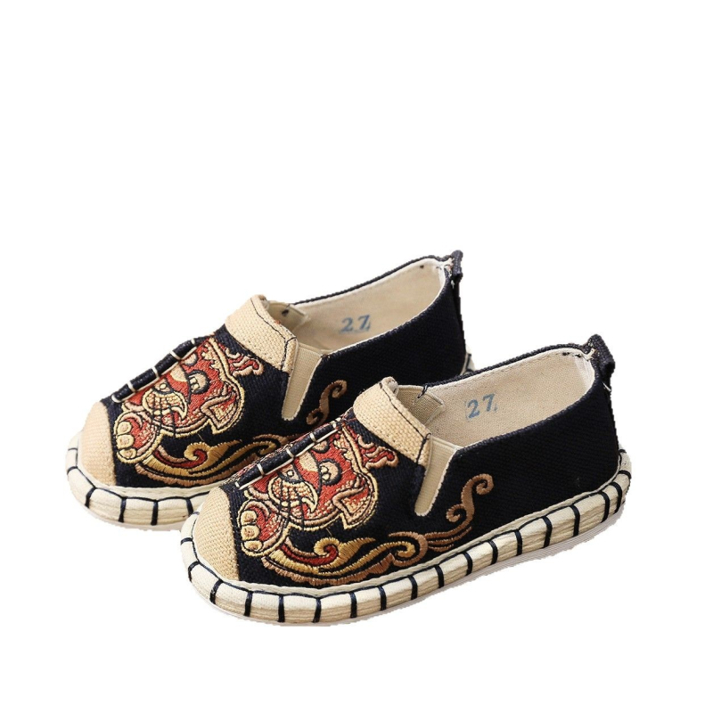 Pantofi de copii cu broderie în stil etnic, slip-on, din bumbac, respirabili, model desen animat