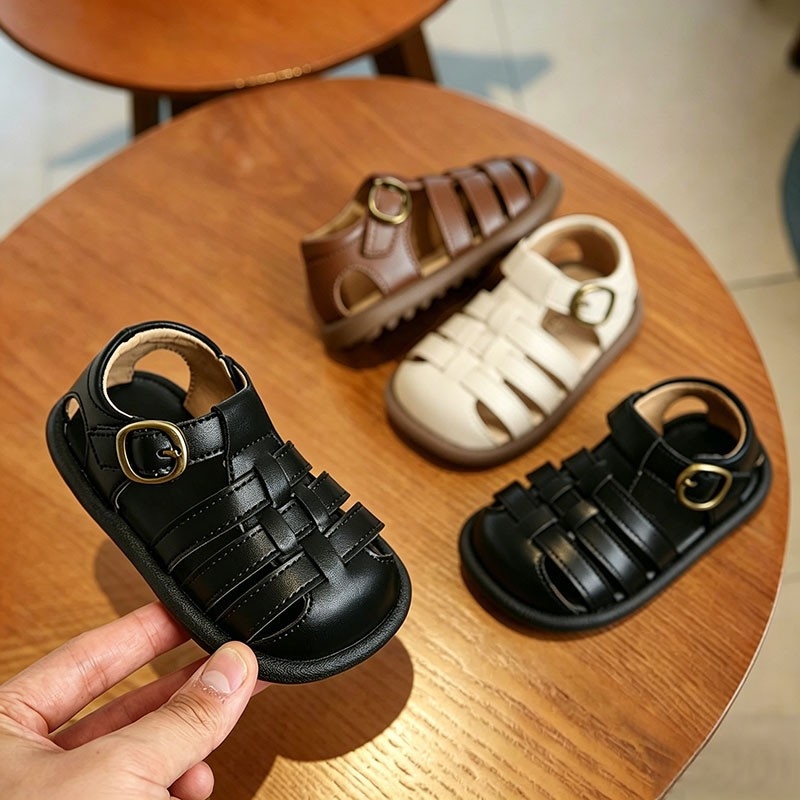 Παιδικά σανδάλια με κλειστό πρόσθιο μέρος, Velcro, κορεατικό στυλ, πλεκτά διάτρητα παπούτσια για περπάτημα