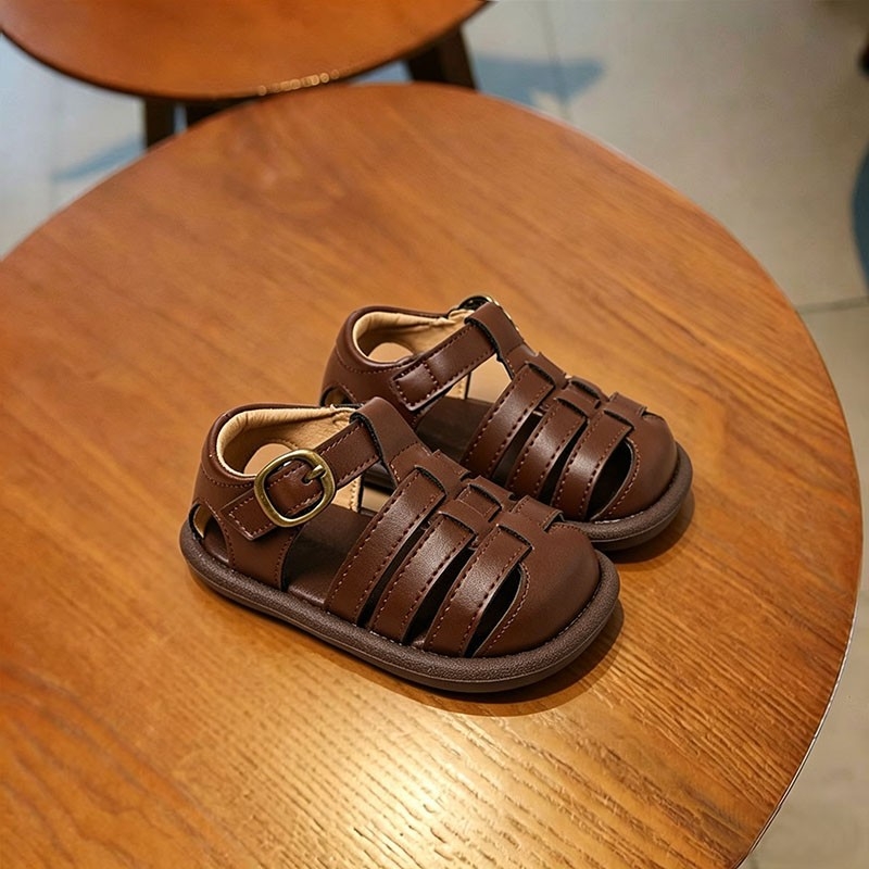 Παιδικά σανδάλια με κλειστό πρόσθιο μέρος, Velcro, κορεατικό στυλ, πλεκτά διάτρητα παπούτσια για περπάτημα
