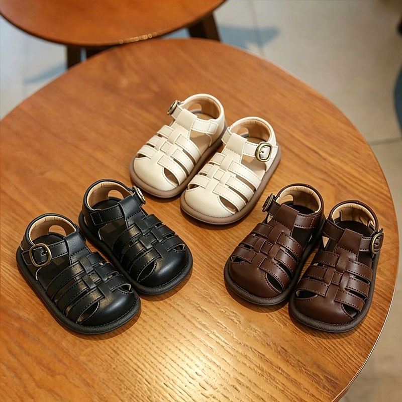 Παιδικά σανδάλια με κλειστό πρόσθιο μέρος, Velcro, κορεατικό στυλ, πλεκτά διάτρητα παπούτσια για περπάτημα