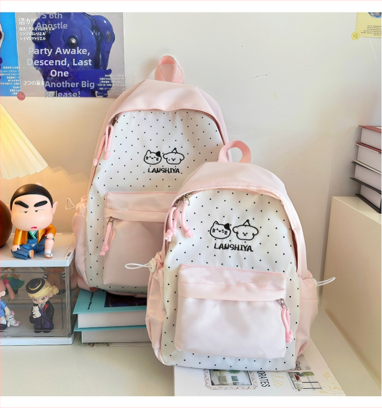 Študentský batoh v japonskom štýle Harajuku s bodkovaným vzorom, minimalistický a všestranný na kampus, veľká kapacita, dvojitý popruh