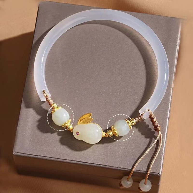 Φυσικό Hetian Jade βραχιόλι με λαγουδάκι για γυναίκες, λίθος Ice τύπου, δώρο για την κοπέλα, Έτος του Λαγού