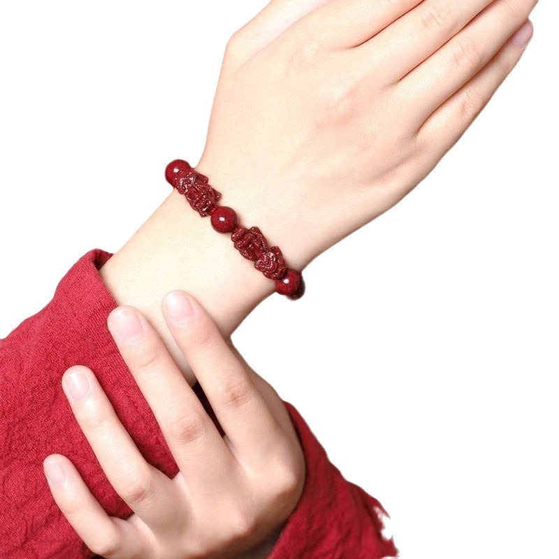 Unisex βραχιόλι cinnabar με Pixiu, χάντρες μωβ-χρυσού άμμου, βουδιστικά beads, έτος ζωδίου