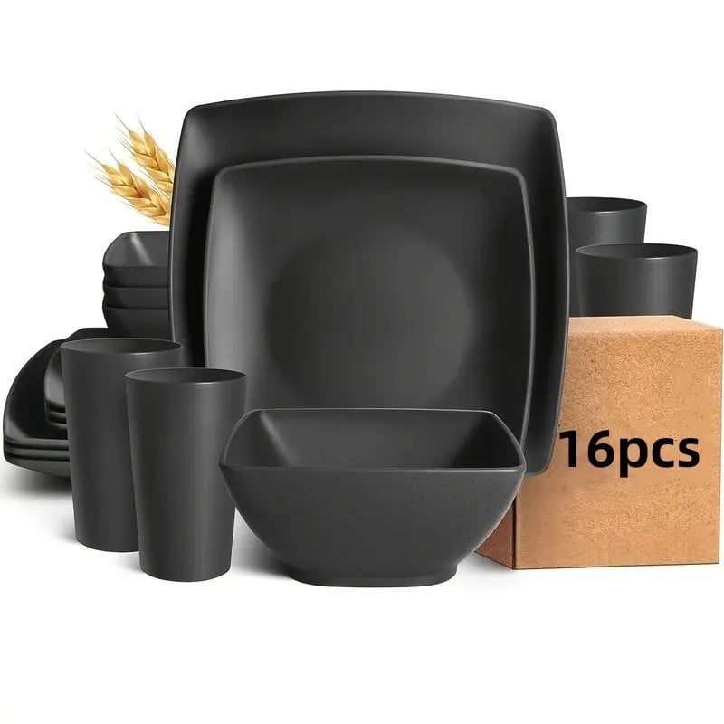 Σετ τραπεζιού: τετράγωνο πιάτο για κυρίως γεύμα, μπολ σαλάτας, ποτήρι νερού και πιάτο από άχυρο σιταριού – σετ σκευών