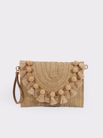 Geantă de damă din răchită, stil plic, purtare în mână, ciucuri, curea crossbody