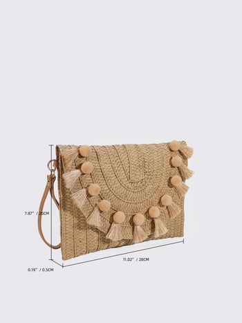 Geantă de damă din răchită, stil plic, purtare în mână, ciucuri, curea crossbody