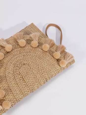 Geantă de damă din răchită, stil plic, purtare în mână, ciucuri, curea crossbody
