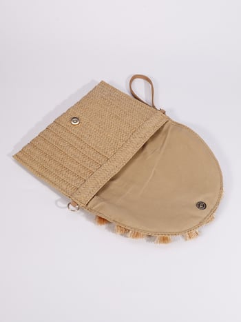Geantă de damă din răchită, stil plic, purtare în mână, ciucuri, curea crossbody