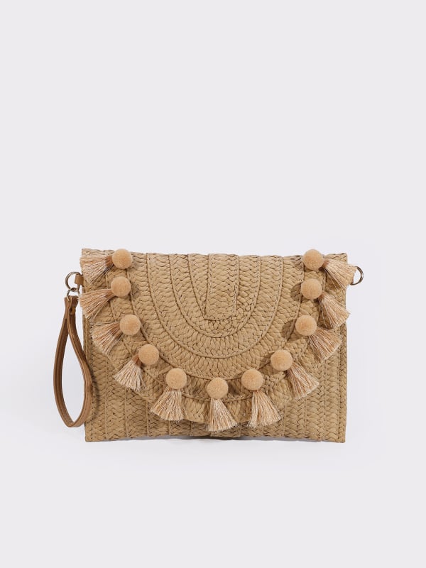 Geantă de damă din răchită, stil plic, purtare în mână, ciucuri, curea crossbody