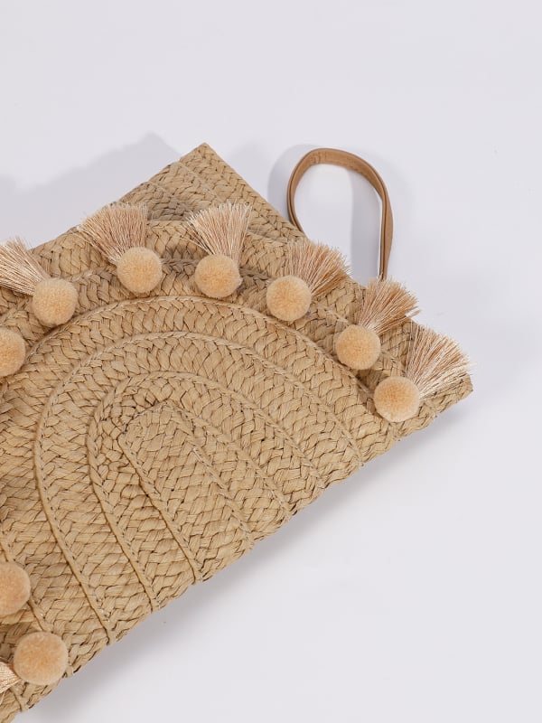 Geantă de damă din răchită, stil plic, purtare în mână, ciucuri, curea crossbody