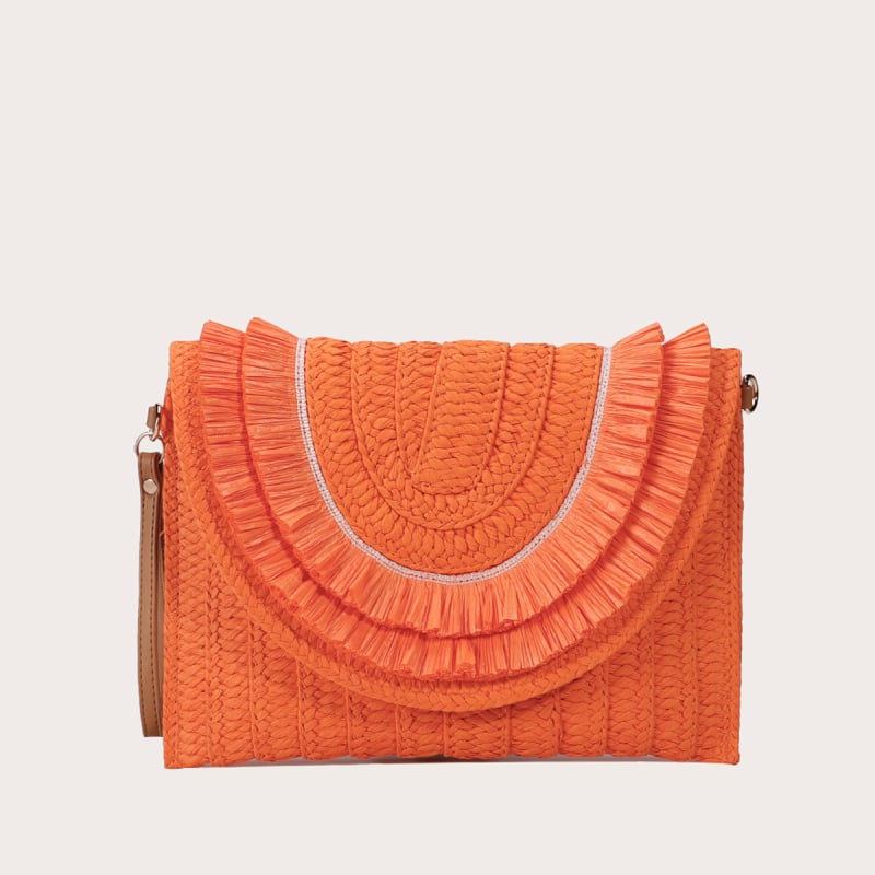Geantă de damă din răchită, stil plic, purtare în mână, ciucuri, curea crossbody