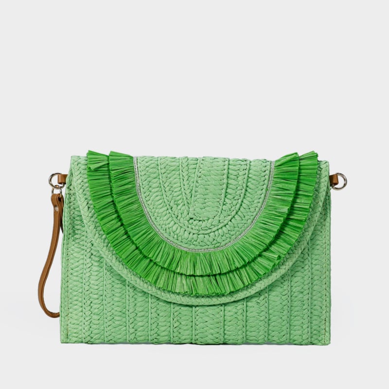 Geantă de damă din răchită, stil plic, purtare în mână, ciucuri, curea crossbody