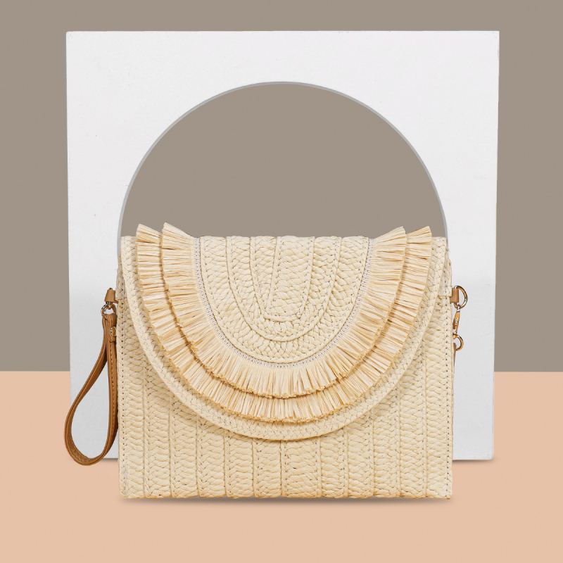 Geantă de damă din răchită, stil plic, purtare în mână, ciucuri, curea crossbody