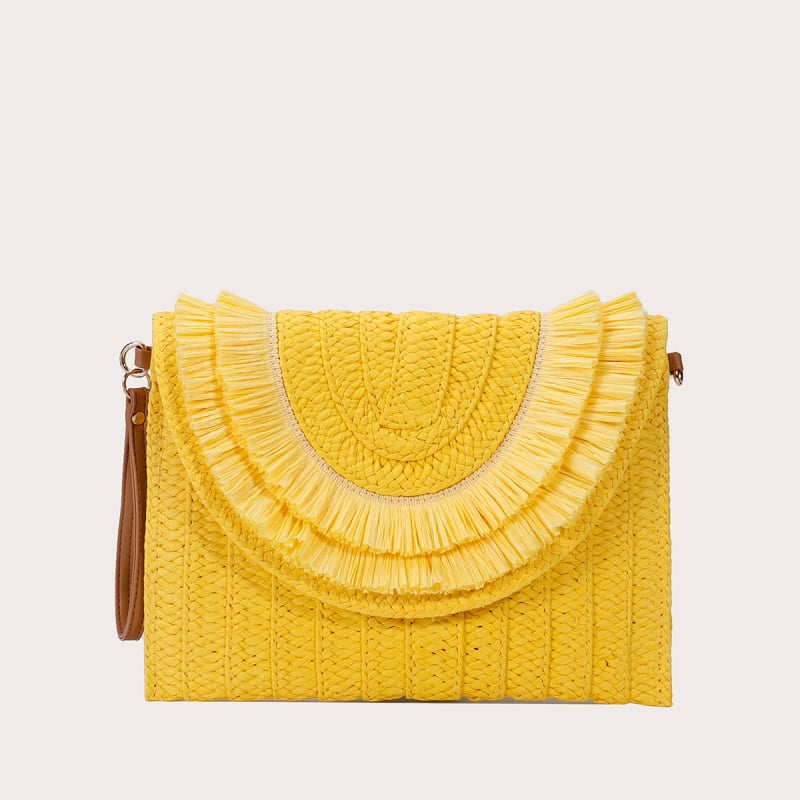 Geantă de damă din răchită, stil plic, purtare în mână, ciucuri, curea crossbody