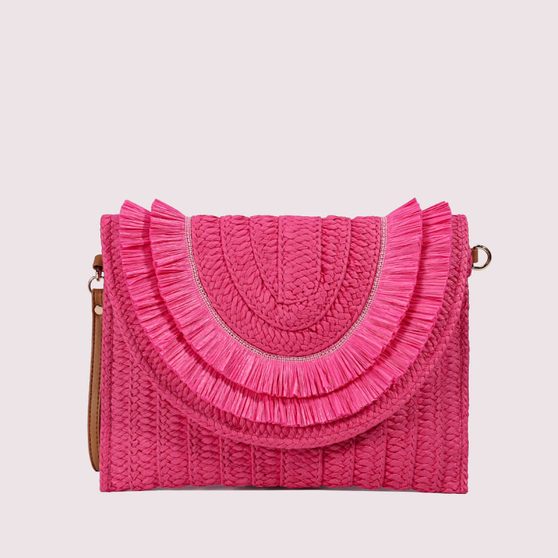Geantă de damă din răchită, stil plic, purtare în mână, ciucuri, curea crossbody