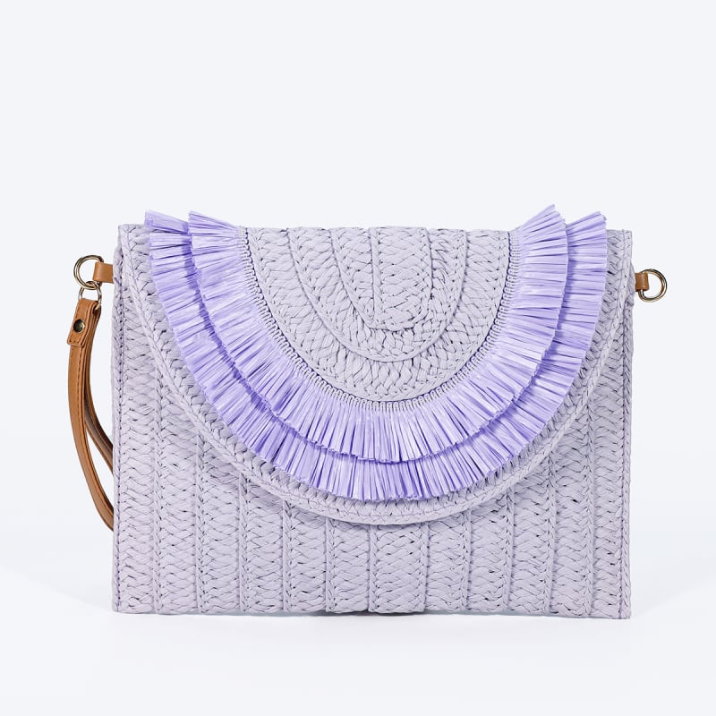 Geantă de damă din răchită, stil plic, purtare în mână, ciucuri, curea crossbody