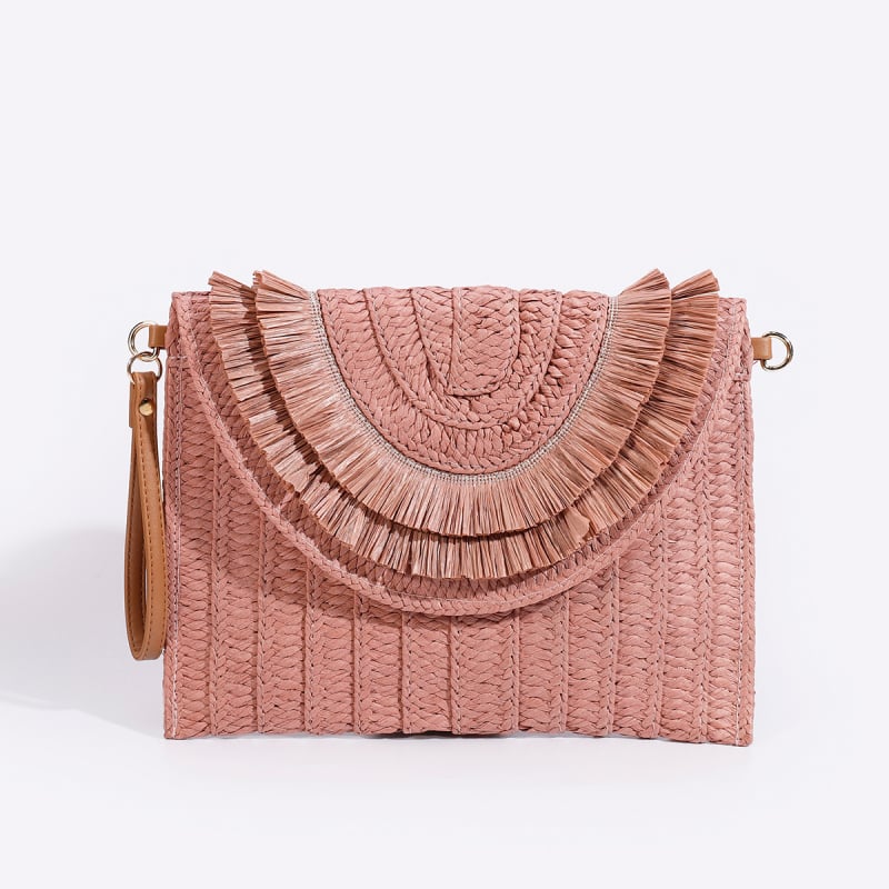 Geantă de damă din răchită, stil plic, purtare în mână, ciucuri, curea crossbody