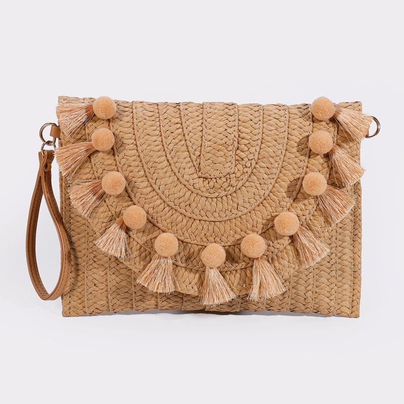 Geantă de damă din răchită, stil plic, purtare în mână, ciucuri, curea crossbody