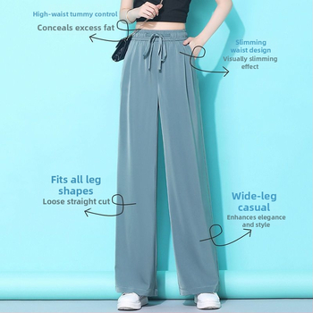 Dámske nohavice Ice Silk so širokými nohavicami, vysoký pás, ľahké, jar-leto, plus size, rovný strih, ležérne so sťahovacou šnúrkou.