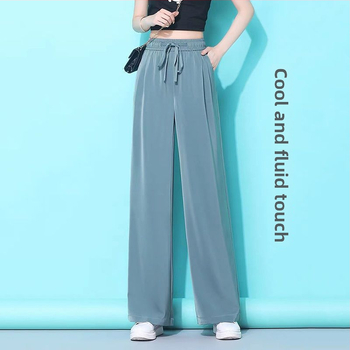 Dámske nohavice Ice Silk so širokými nohavicami, vysoký pás, ľahké, jar-leto, plus size, rovný strih, ležérne so sťahovacou šnúrkou.