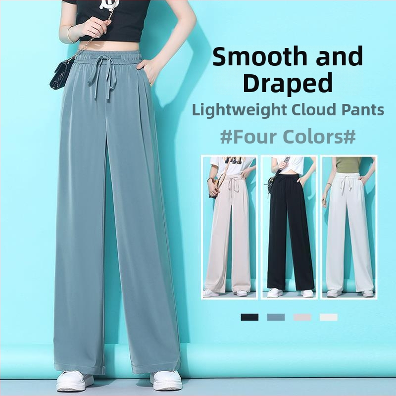 Dámske nohavice Ice Silk so širokými nohavicami, vysoký pás, ľahké, jar-leto, plus size, rovný strih, ležérne so sťahovacou šnúrkou.