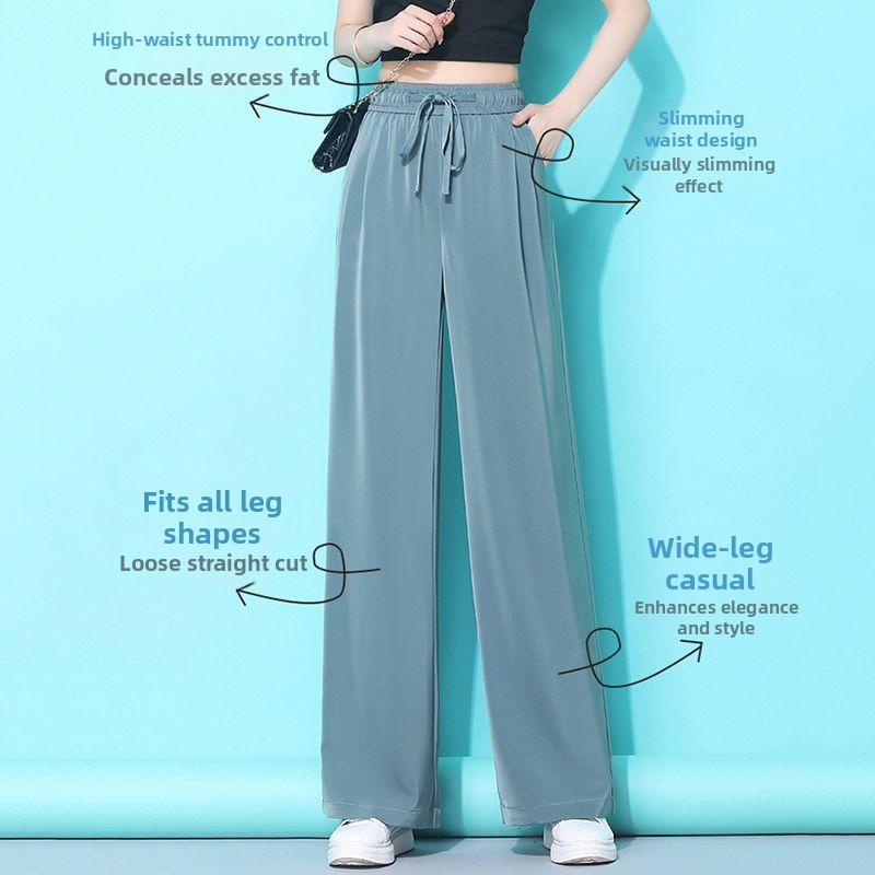 Dámske nohavice Ice Silk so širokými nohavicami, vysoký pás, ľahké, jar-leto, plus size, rovný strih, ležérne so sťahovacou šnúrkou.