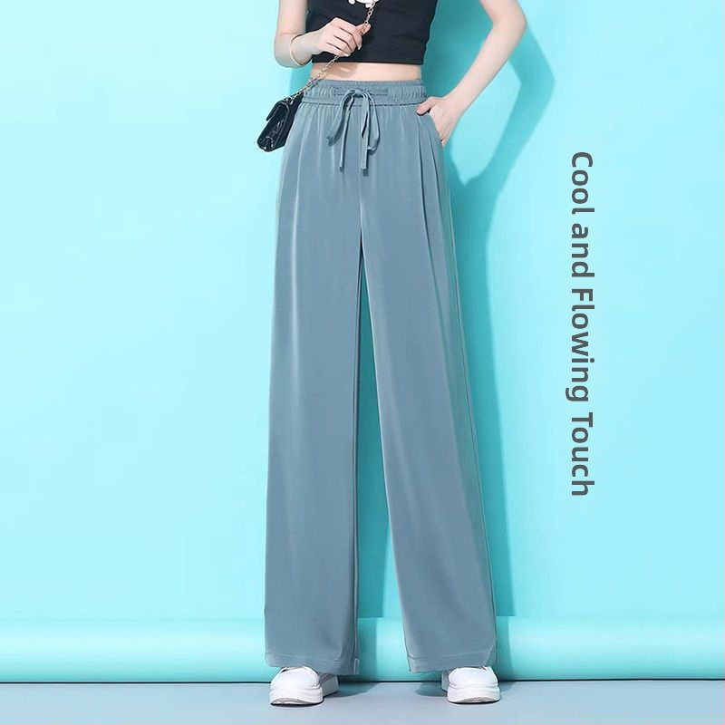 Dámske nohavice Ice Silk so širokými nohavicami, vysoký pás, ľahké, jar-leto, plus size, rovný strih, ležérne so sťahovacou šnúrkou.