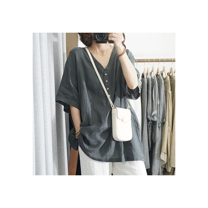 Γυναικεια T‑shirt με V-λαιμό, κορεατικού στυλ, φαρδιά γραμμή, μονόχρωμη, Plus Size, ελαφρύ καλοκαιρινό τοπ