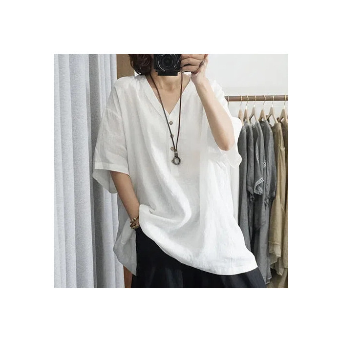 Γυναικεια T‑shirt με V-λαιμό, κορεατικού στυλ, φαρδιά γραμμή, μονόχρωμη, Plus Size, ελαφρύ καλοκαιρινό τοπ