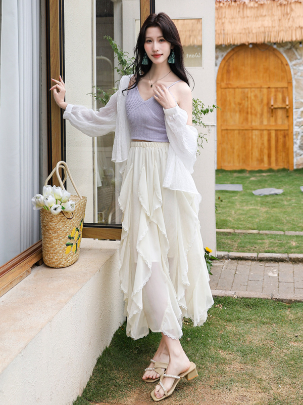 Γυναικεία φούστα μίντι από chiffon, ντραπέ με ρέουλη σιλουέτα, μονόχρωμη, καλοκαιρινή συλλογή 2025