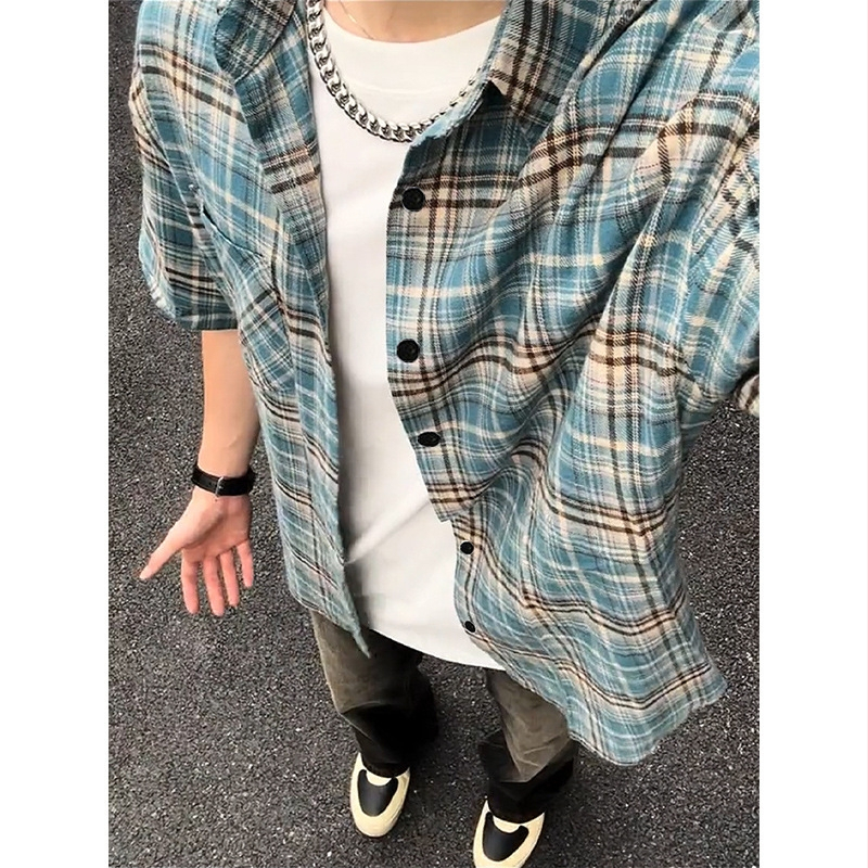 Pánska košeľa s krátkym rukávom Cleanfit Checkered, letný americký retro kockovaný top, luxusný štýl