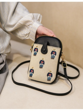 Τσαντάκι κινητού με καρτούν αρκούδα, crossbody, 2025 άνοιξη-καλοκαίρι, γλυκό και ευέλικτο, σχέδιο με χρωματικά μπλοκ