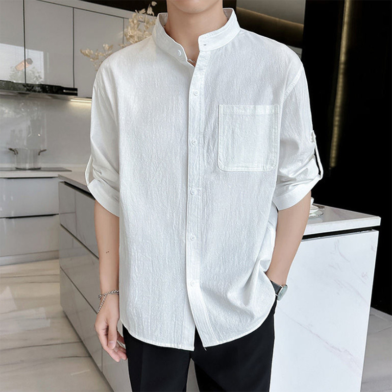 Αντρικό καλοκαιρινό πουκάμισο με ύψωμενο γιακά, από βαμβάκι και λινό, μανίκια 3/4, ασιατικό στυλ, μονόχρωμο, casual, ευέλικτο