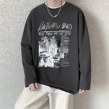 Ανδρικό μακρυμάνικο T‑shirt, χονγκκόγκ στυλ, αμερικανικό ρετρό look, χαλαρή γραμμή, κυκλικό λαιμό