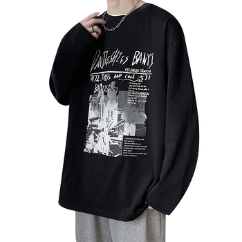Ανδρικό μακρυμάνικο T‑shirt, χονγκκόγκ στυλ, αμερικανικό ρετρό look, χαλαρή γραμμή, κυκλικό λαιμό