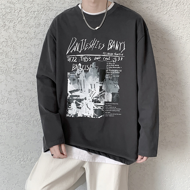 Ανδρικό μακρυμάνικο T‑shirt, χονγκκόγκ στυλ, αμερικανικό ρετρό look, χαλαρή γραμμή, κυκλικό λαιμό