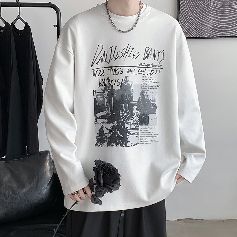 Ανδρικό μακρυμάνικο T‑shirt, χονγκκόγκ στυλ, αμερικανικό ρετρό look, χαλαρή γραμμή, κυκλικό λαιμό