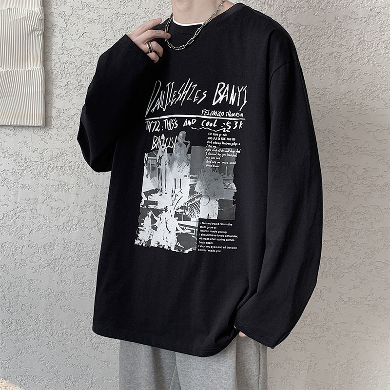 Ανδρικό μακρυμάνικο T‑shirt, χονγκκόγκ στυλ, αμερικανικό ρετρό look, χαλαρή γραμμή, κυκλικό λαιμό