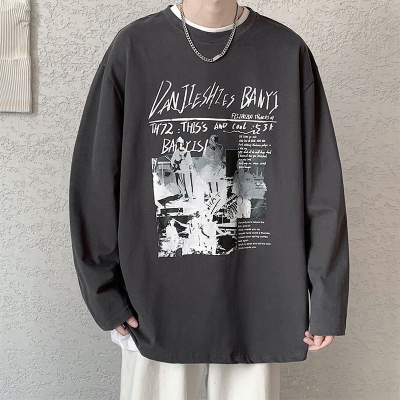 Ανδρικό μακρυμάνικο T‑shirt, χονγκκόγκ στυλ, αμερικανικό ρετρό look, χαλαρή γραμμή, κυκλικό λαιμό