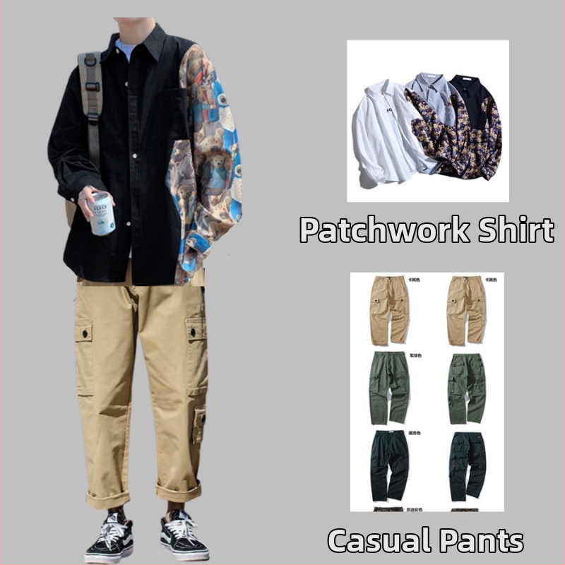Patchworková košeľa s dlhým rukávom s motívom medvedíka – voľný strih, jar a jeseň, Harajuku/kórejský street style, unisex