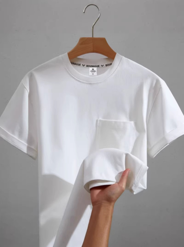 Λευκό T‑shirt με τσέπη, κοντό μανίκι, unisex, άνετη γραμμή, καλοκαίρι, βαμβάκι