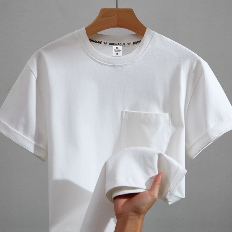 Λευκό T‑shirt με τσέπη, κοντό μανίκι, unisex, άνετη γραμμή, καλοκαίρι, βαμβάκι