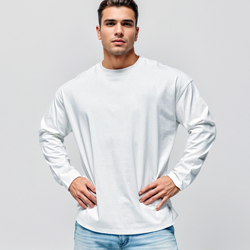 Ανδρική μακρυμάνικη T-shirt από 100% βαμβάκι, φαρδιά εφαρμογή, φθινοπωρινό casual αθλητικό τοπ με στρογγυλό λαιμό