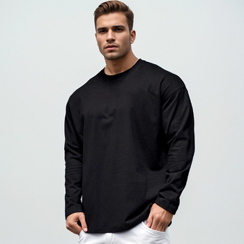 Ανδρική μακρυμάνικη T-shirt από 100% βαμβάκι, φαρδιά εφαρμογή, φθινοπωρινό casual αθλητικό τοπ με στρογγυλό λαιμό