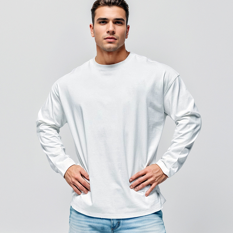 Ανδρική μακρυμάνικη T-shirt από 100% βαμβάκι, φαρδιά εφαρμογή, φθινοπωρινό casual αθλητικό τοπ με στρογγυλό λαιμό