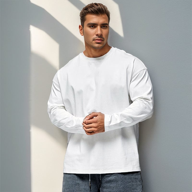 Ανδρική μακρυμάνικη T-shirt από 100% βαμβάκι, φαρδιά εφαρμογή, φθινοπωρινό casual αθλητικό τοπ με στρογγυλό λαιμό